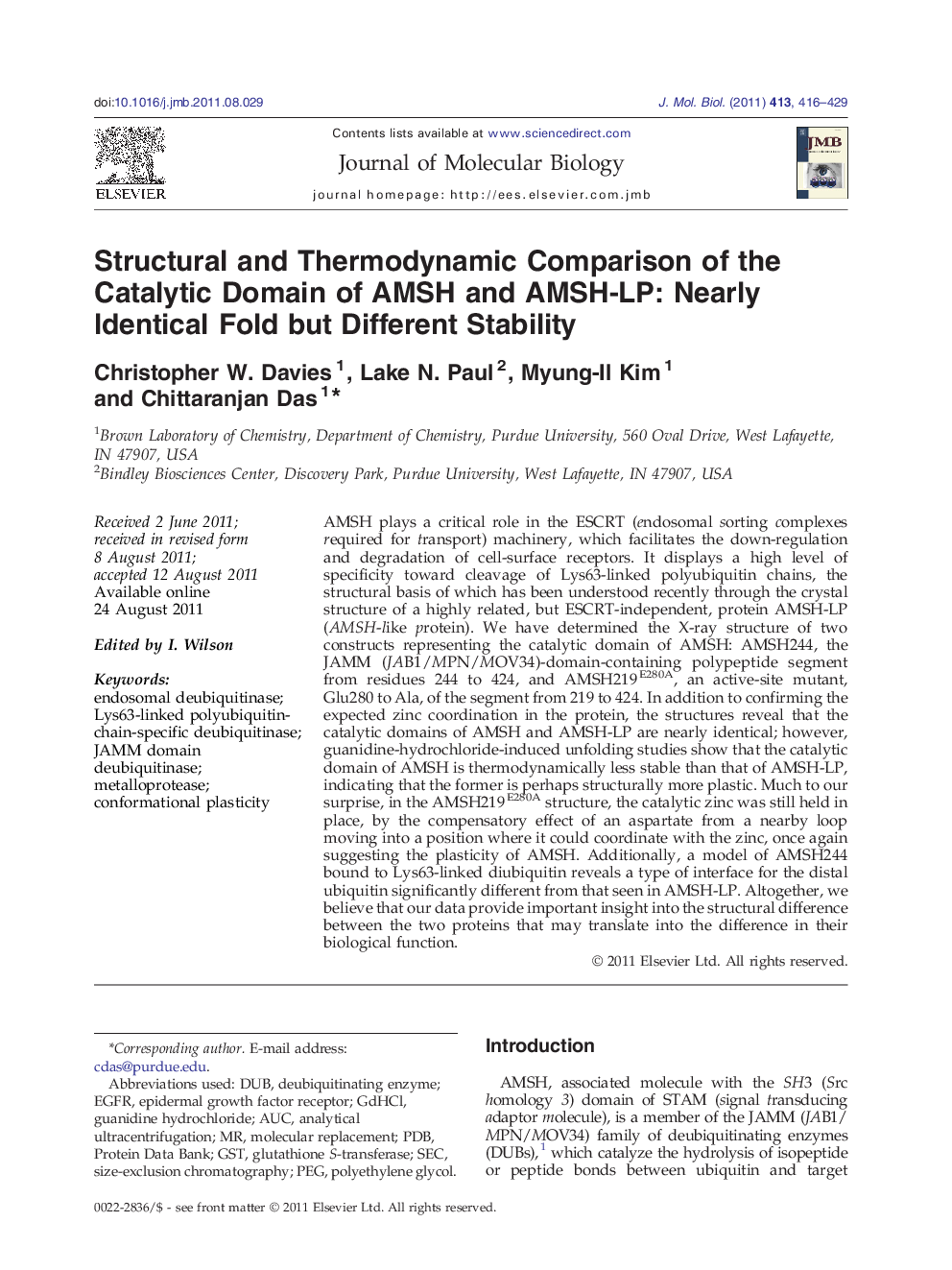 Structural and Thermodynamic Comparison of the Catalytic Domain of AMSH and AMSH-LP: Nearly Identical Fold but Different Stability