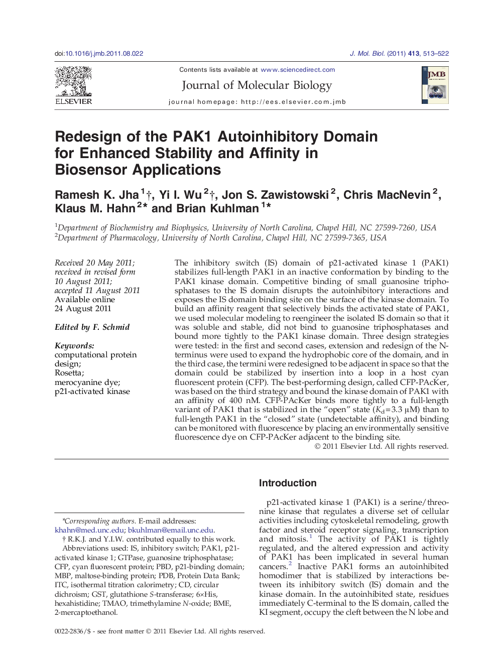 Redesign of the PAK1 Autoinhibitory Domain for Enhanced Stability and Affinity in Biosensor Applications