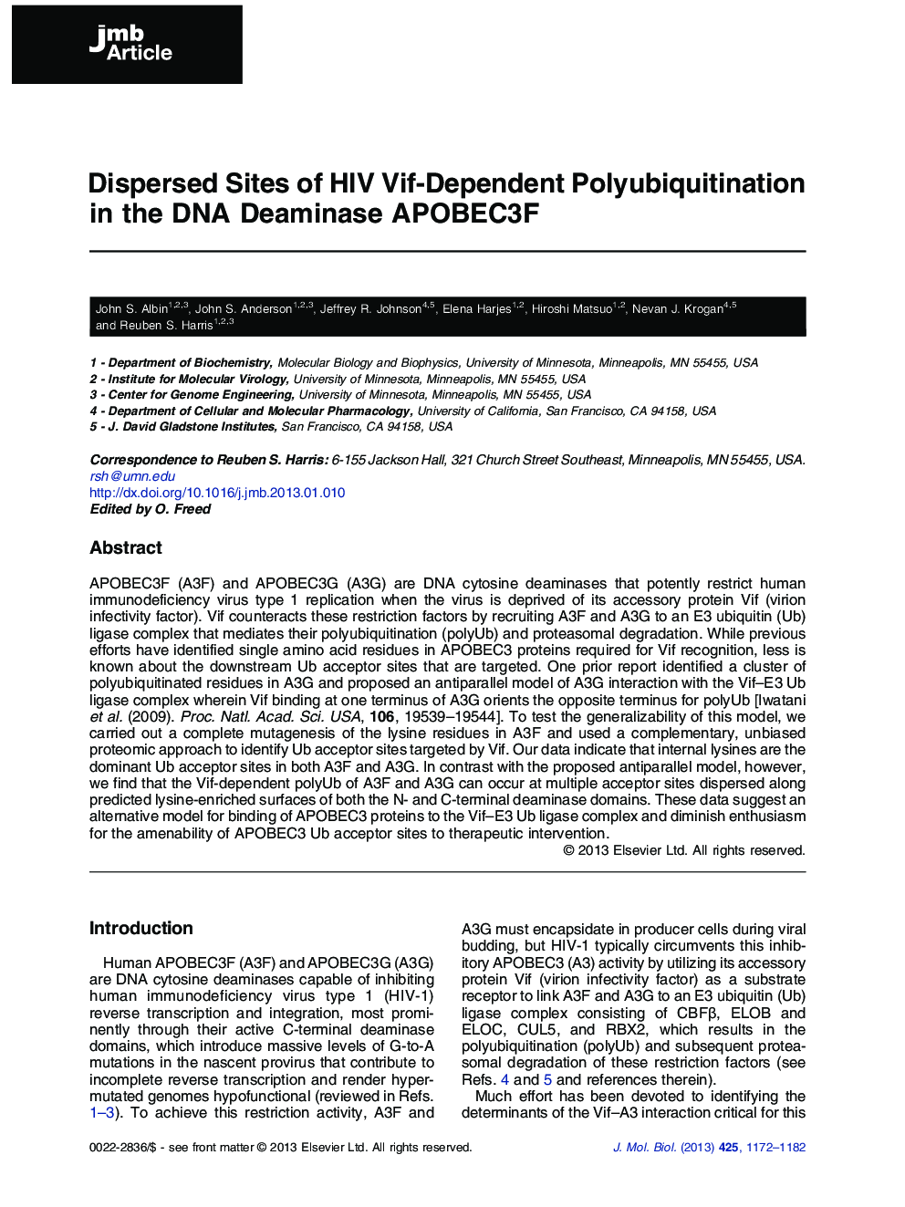 Dispersed Sites of HIV Vif-Dependent Polyubiquitination in the DNA Deaminase APOBEC3F