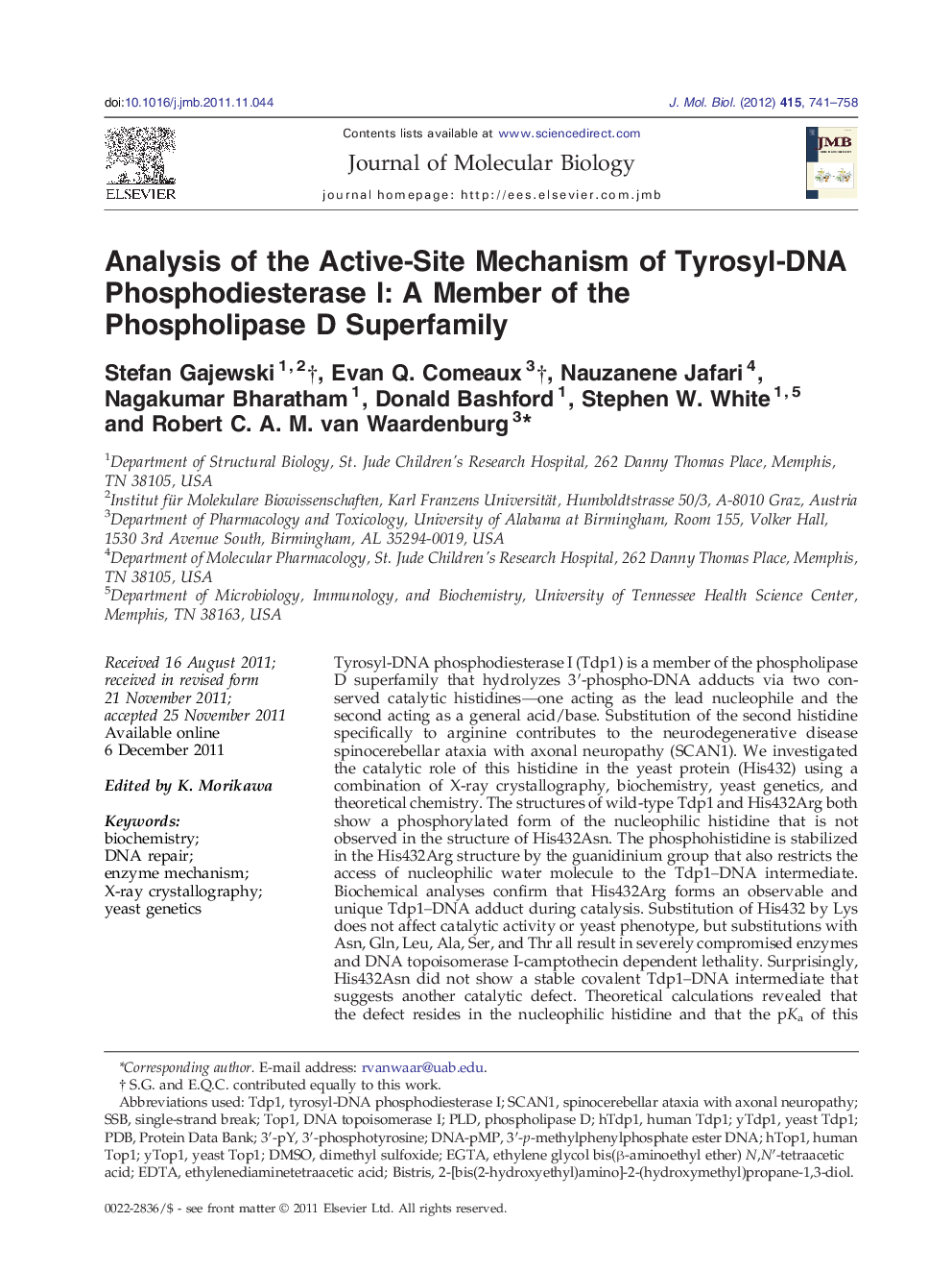 Analysis of the Active-Site Mechanism of Tyrosyl-DNA Phosphodiesterase I: A Member of the Phospholipase D Superfamily