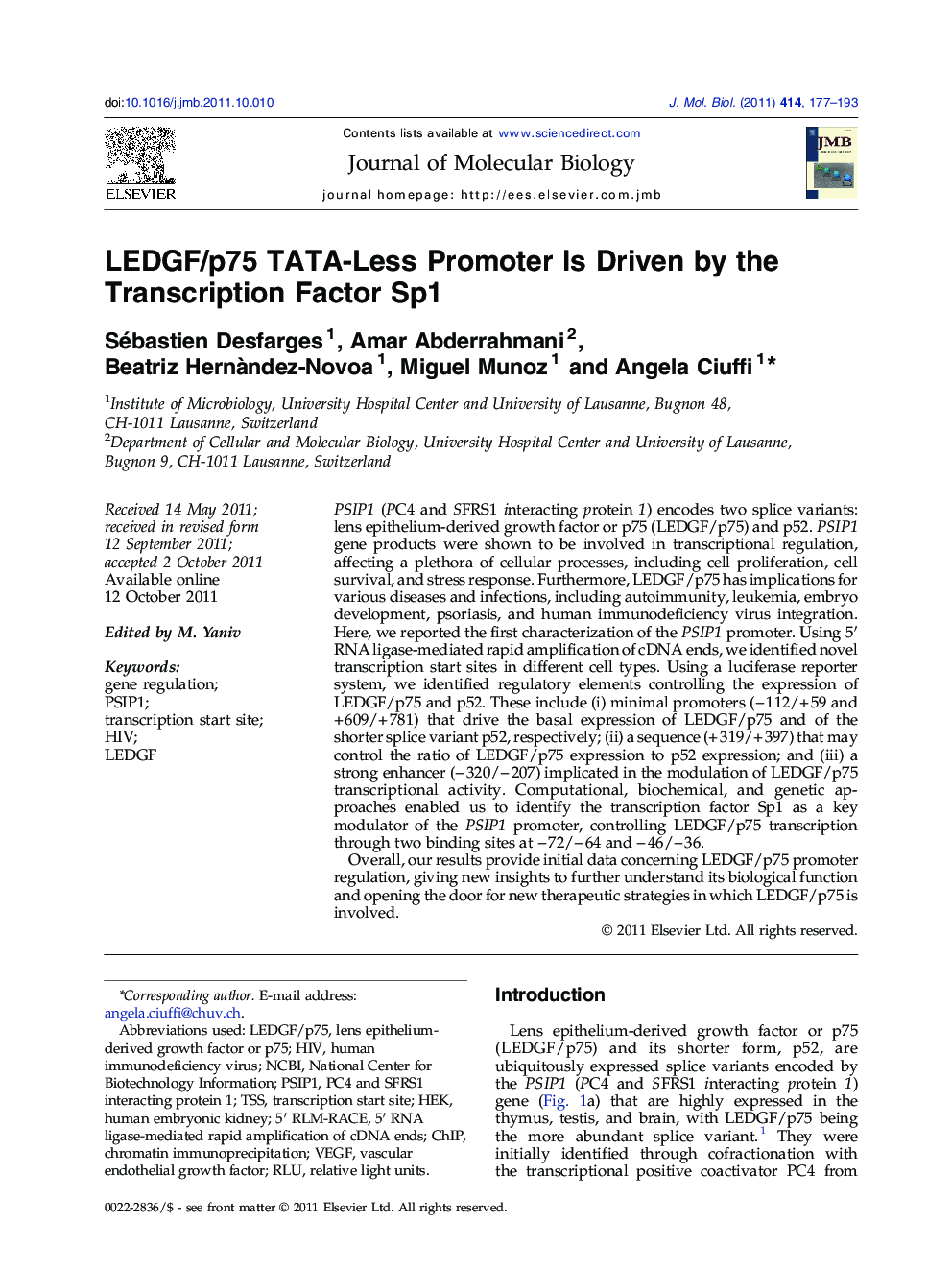 LEDGF/p75 TATA-Less Promoter Is Driven by the Transcription Factor Sp1