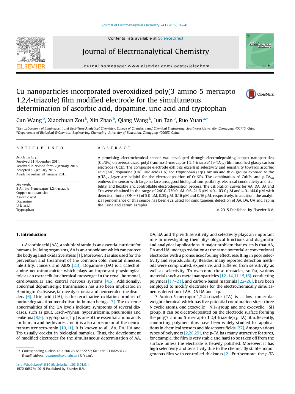 Cu-nanoparticles incorporated overoxidized-poly(3-amino-5-mercapto-1,2,4-triazole) film modified electrode for the simultaneous determination of ascorbic acid, dopamine, uric acid and tryptophan