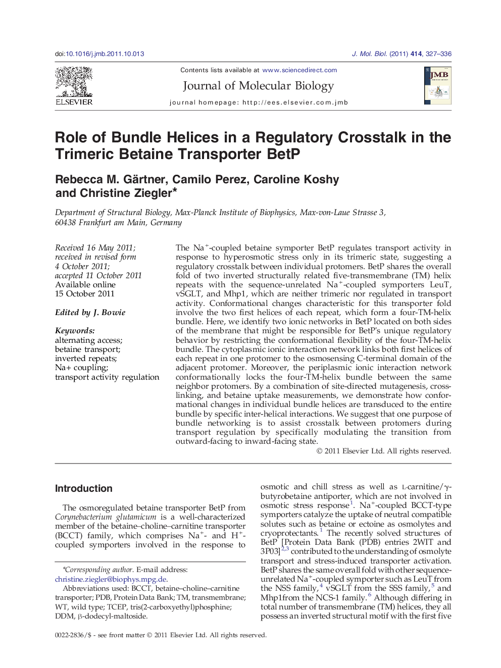 Role of Bundle Helices in a Regulatory Crosstalk in the Trimeric Betaine Transporter BetP