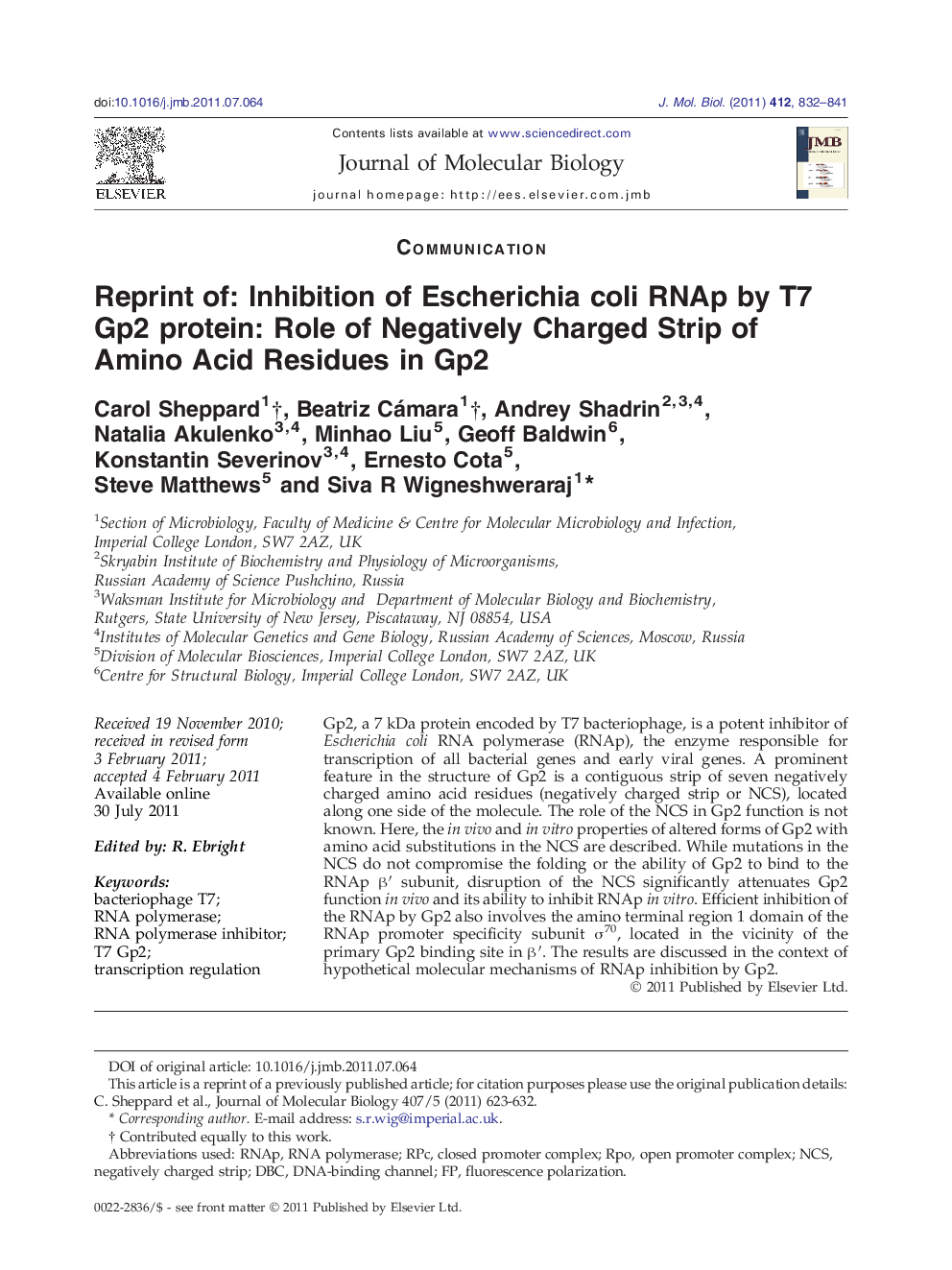 Reprint of: Inhibition of Escherichia coli RNAp by T7 Gp2 protein: Role of Negatively Charged Strip of Amino Acid Residues in Gp2 