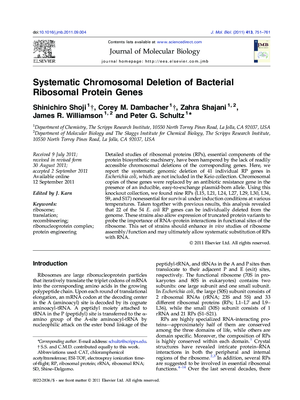Systematic Chromosomal Deletion of Bacterial Ribosomal Protein Genes