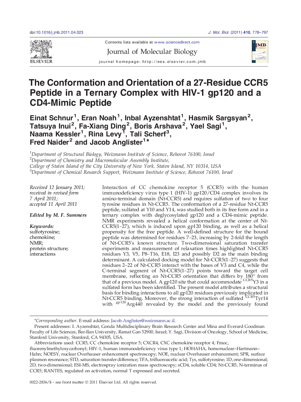 The Conformation and Orientation of a 27-Residue CCR5 Peptide in a Ternary Complex with HIV-1 gp120 and a CD4-Mimic Peptide