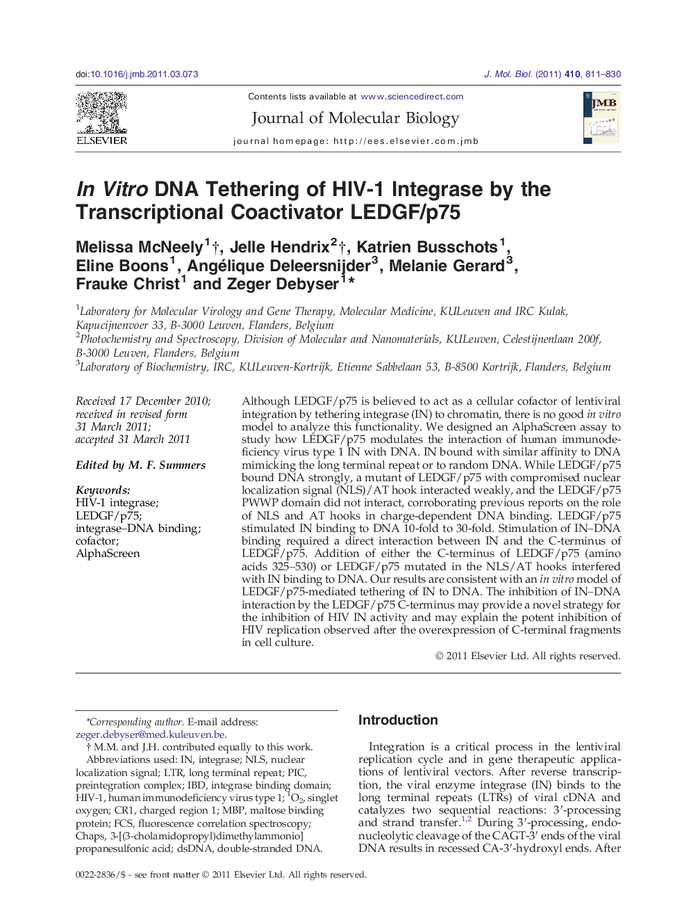 In Vitro DNA Tethering of HIV-1 Integrase by the Transcriptional Coactivator LEDGF/p75