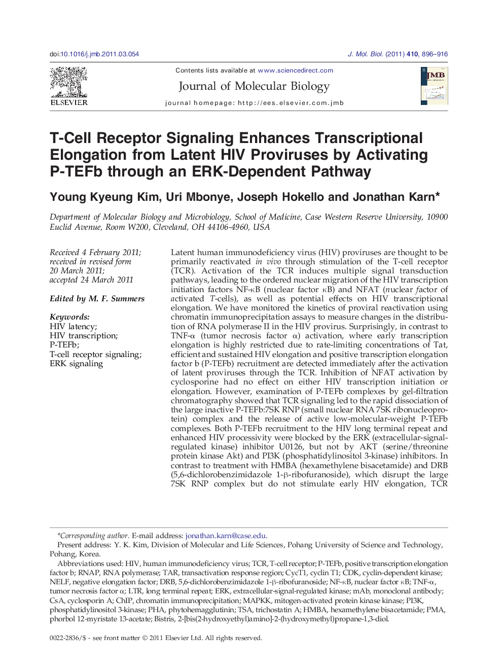 T-Cell Receptor Signaling Enhances Transcriptional Elongation from Latent HIV Proviruses by Activating P-TEFb through an ERK-Dependent Pathway