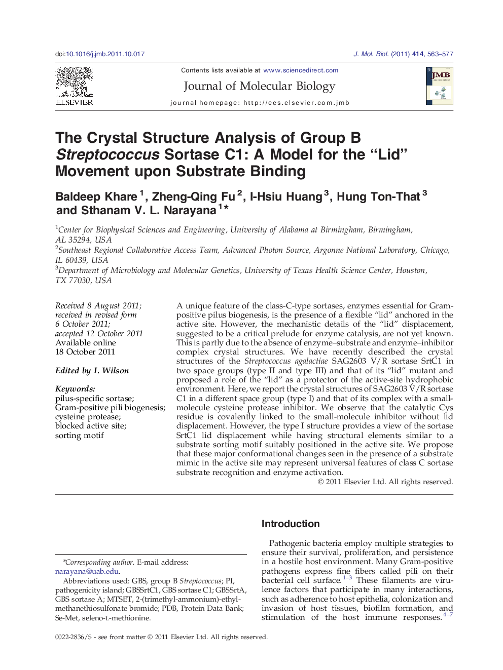 The Crystal Structure Analysis of Group B Streptococcus Sortase C1: A Model for the “Lid” Movement upon Substrate Binding