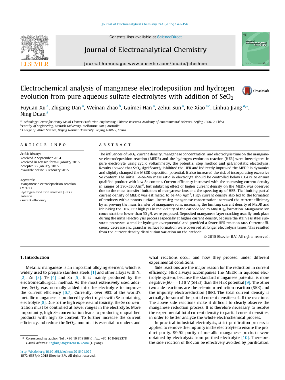 Electrochemical analysis of manganese electrodeposition and hydrogen evolution from pure aqueous sulfate electrolytes with addition of SeO2