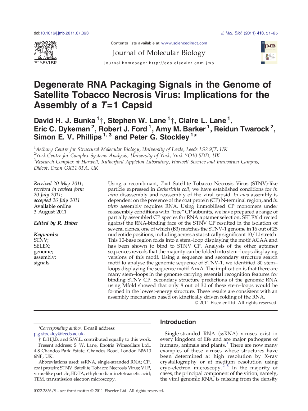 Degenerate RNA Packaging Signals in the Genome of Satellite Tobacco Necrosis Virus: Implications for the Assembly of a T = 1 Capsid