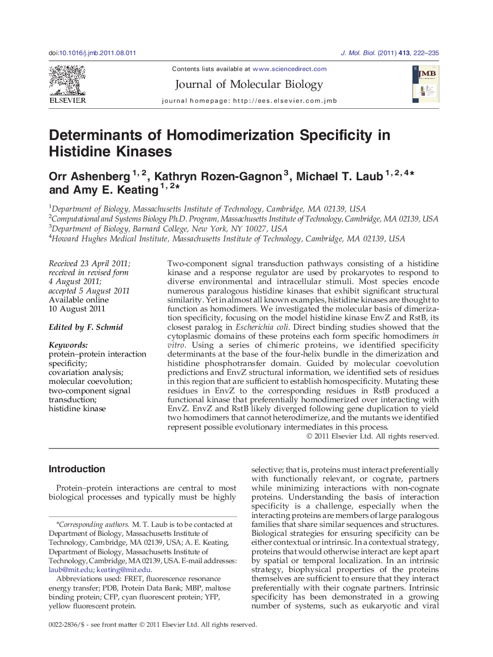 Determinants of Homodimerization Specificity in Histidine Kinases