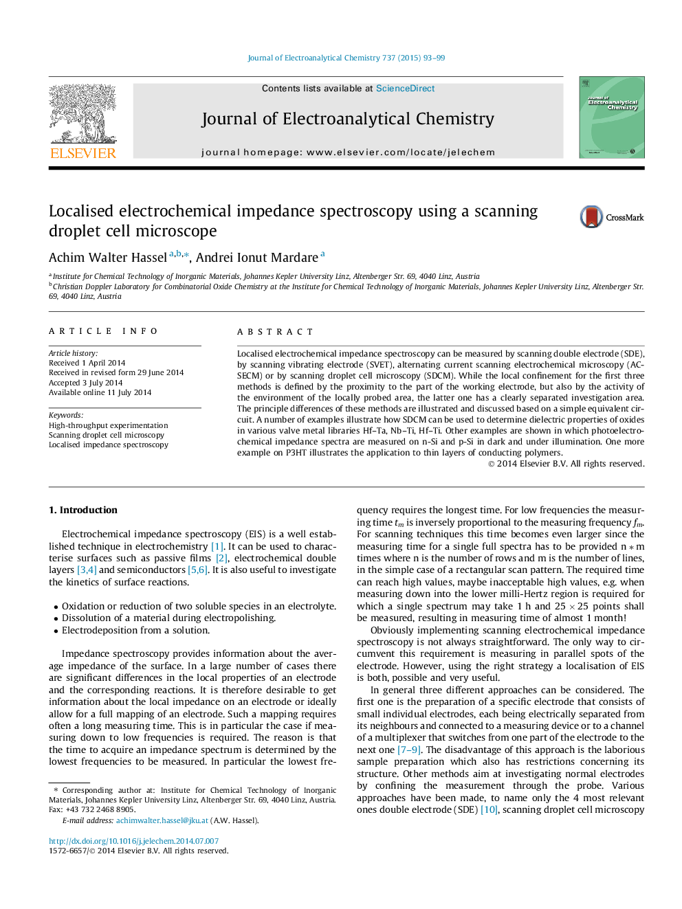 Localised electrochemical impedance spectroscopy using a scanning droplet cell microscope