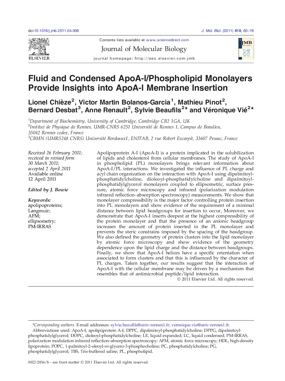 Fluid and Condensed ApoA-I/Phospholipid Monolayers Provide Insights into ApoA-I Membrane Insertion