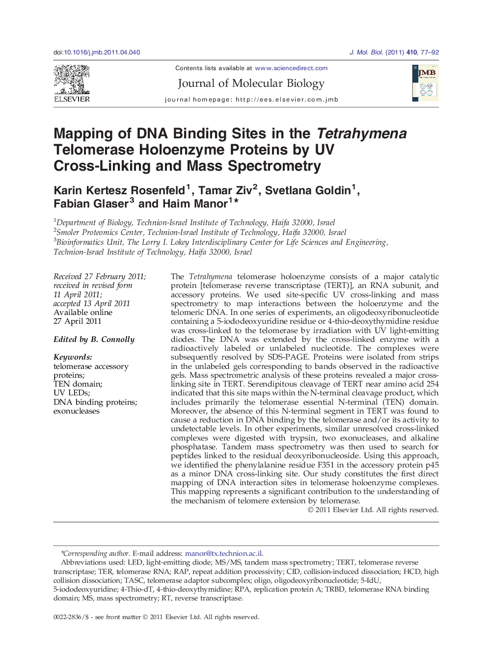 Mapping of DNA Binding Sites in the Tetrahymena Telomerase Holoenzyme Proteins by UV Cross-Linking and Mass Spectrometry