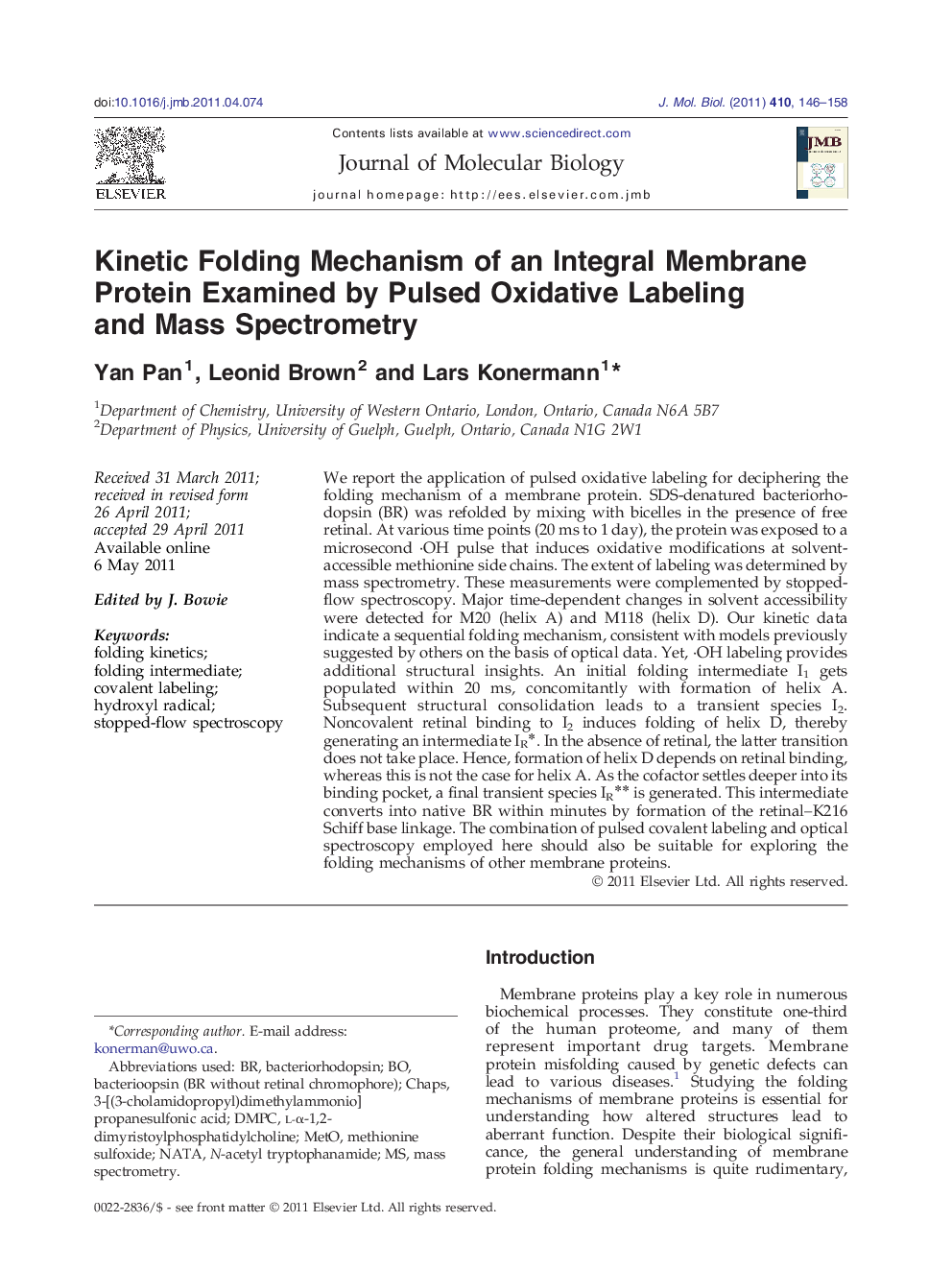 Kinetic Folding Mechanism of an Integral Membrane Protein Examined by Pulsed Oxidative Labeling and Mass Spectrometry