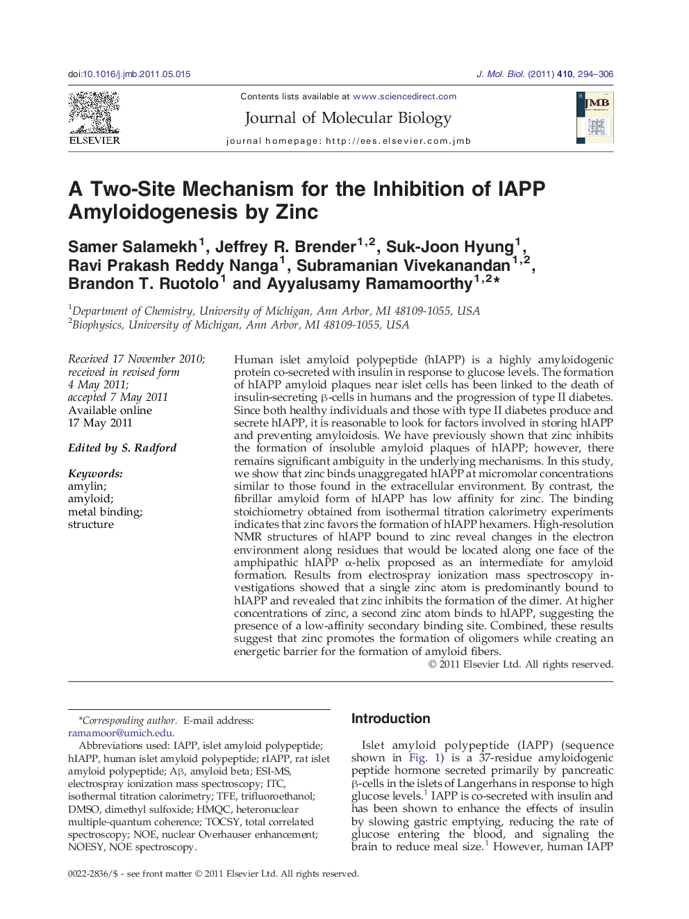 A Two-Site Mechanism for the Inhibition of IAPP Amyloidogenesis by Zinc