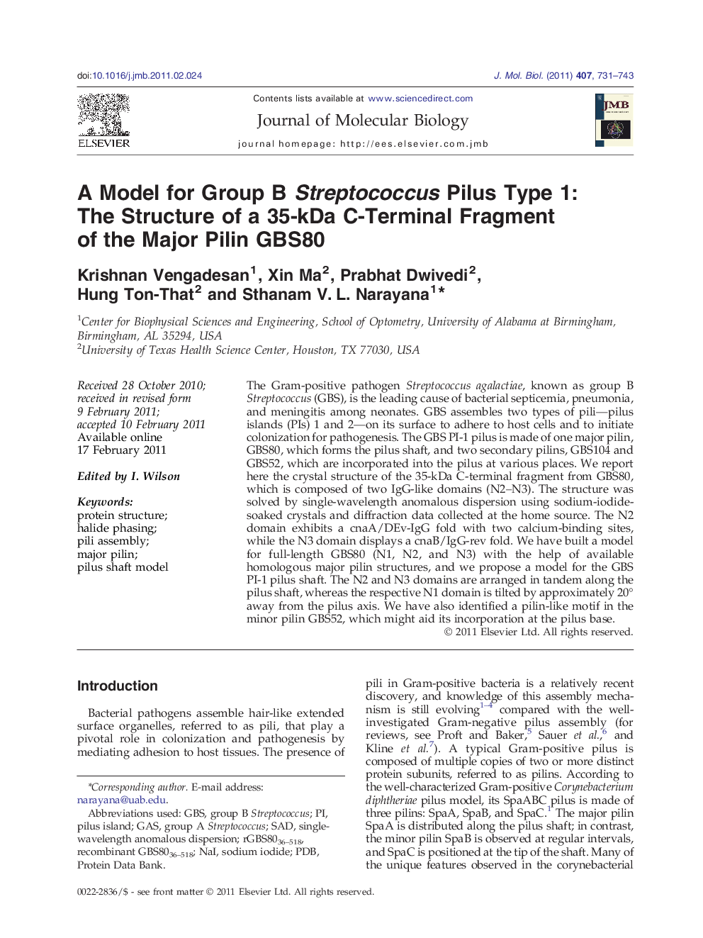 A Model for Group B Streptococcus Pilus Type 1: The Structure of a 35-kDa C-Terminal Fragment of the Major Pilin GBS80