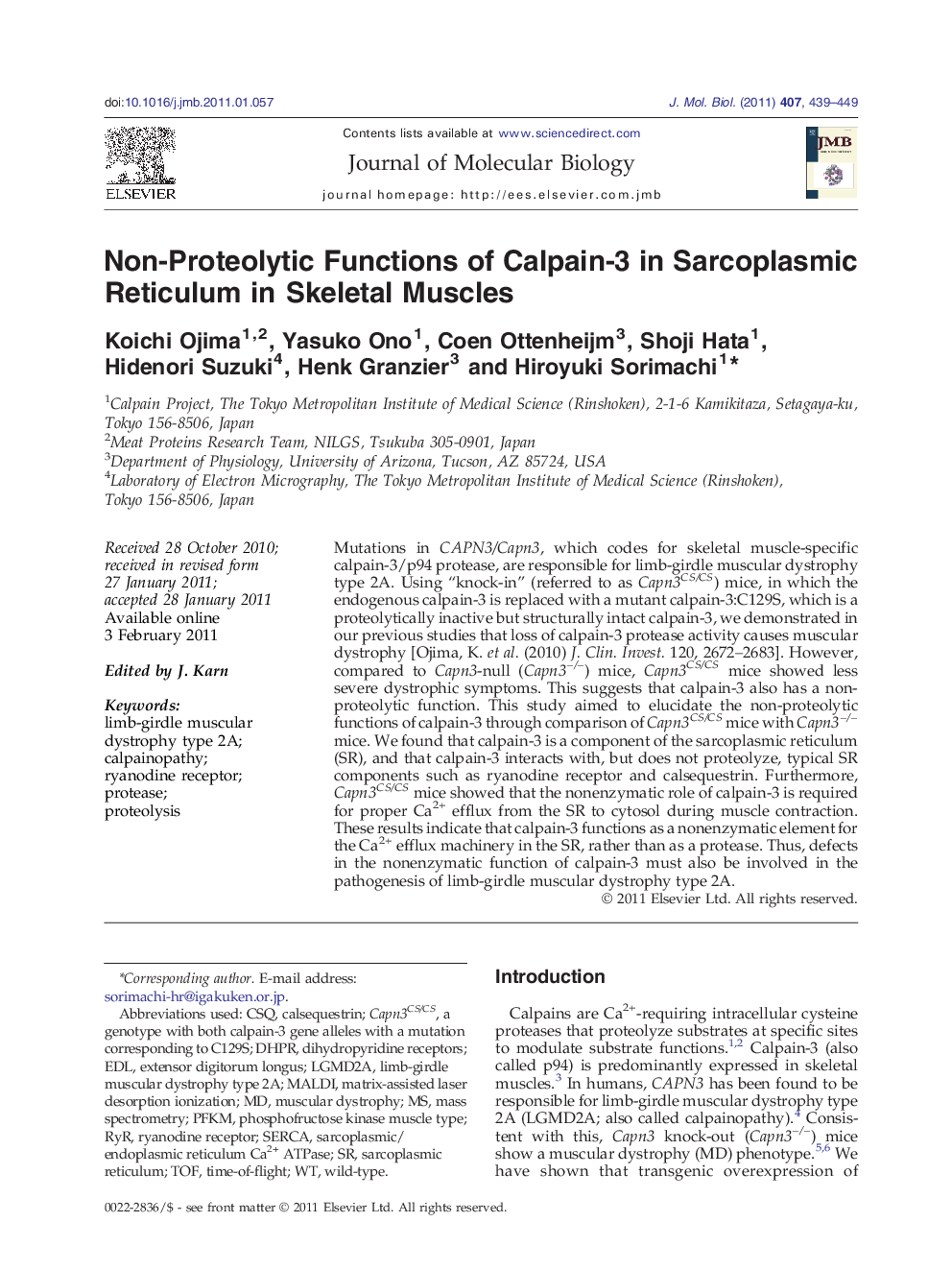 Non-Proteolytic Functions of Calpain-3 in Sarcoplasmic Reticulum in Skeletal Muscles