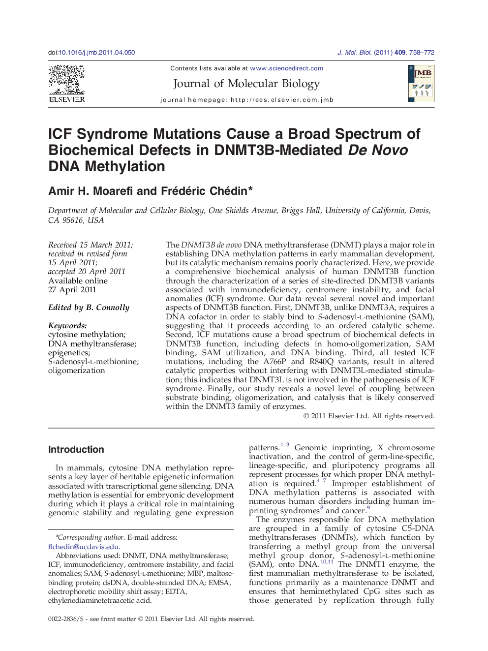 ICF Syndrome Mutations Cause a Broad Spectrum of Biochemical Defects in DNMT3B-Mediated De Novo DNA Methylation