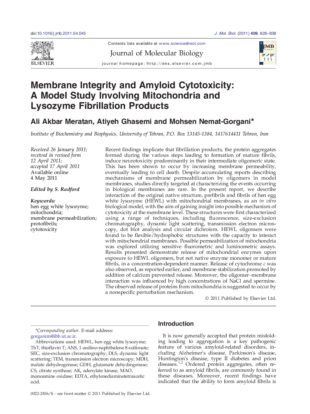 Membrane Integrity and Amyloid Cytotoxicity: A Model Study Involving Mitochondria and Lysozyme Fibrillation Products