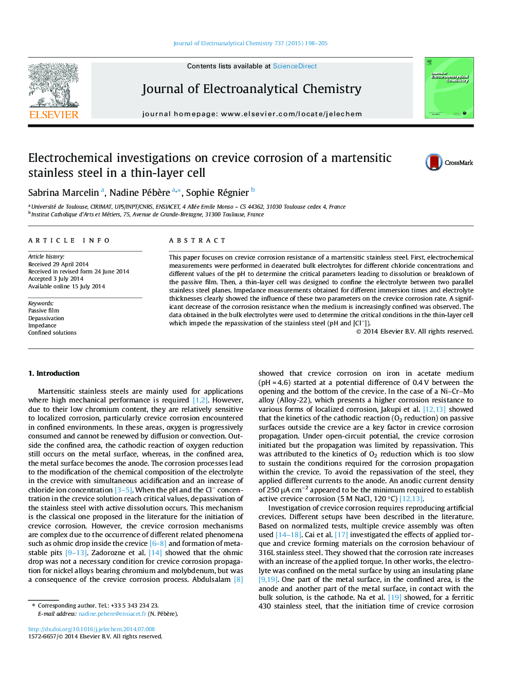 Electrochemical investigations on crevice corrosion of a martensitic stainless steel in a thin-layer cell