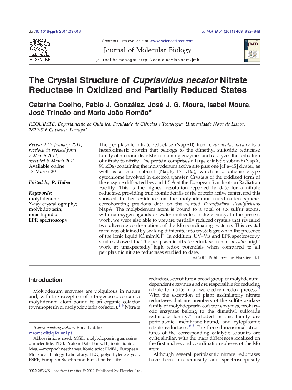 The Crystal Structure of Cupriavidus necator Nitrate Reductase in Oxidized and Partially Reduced States