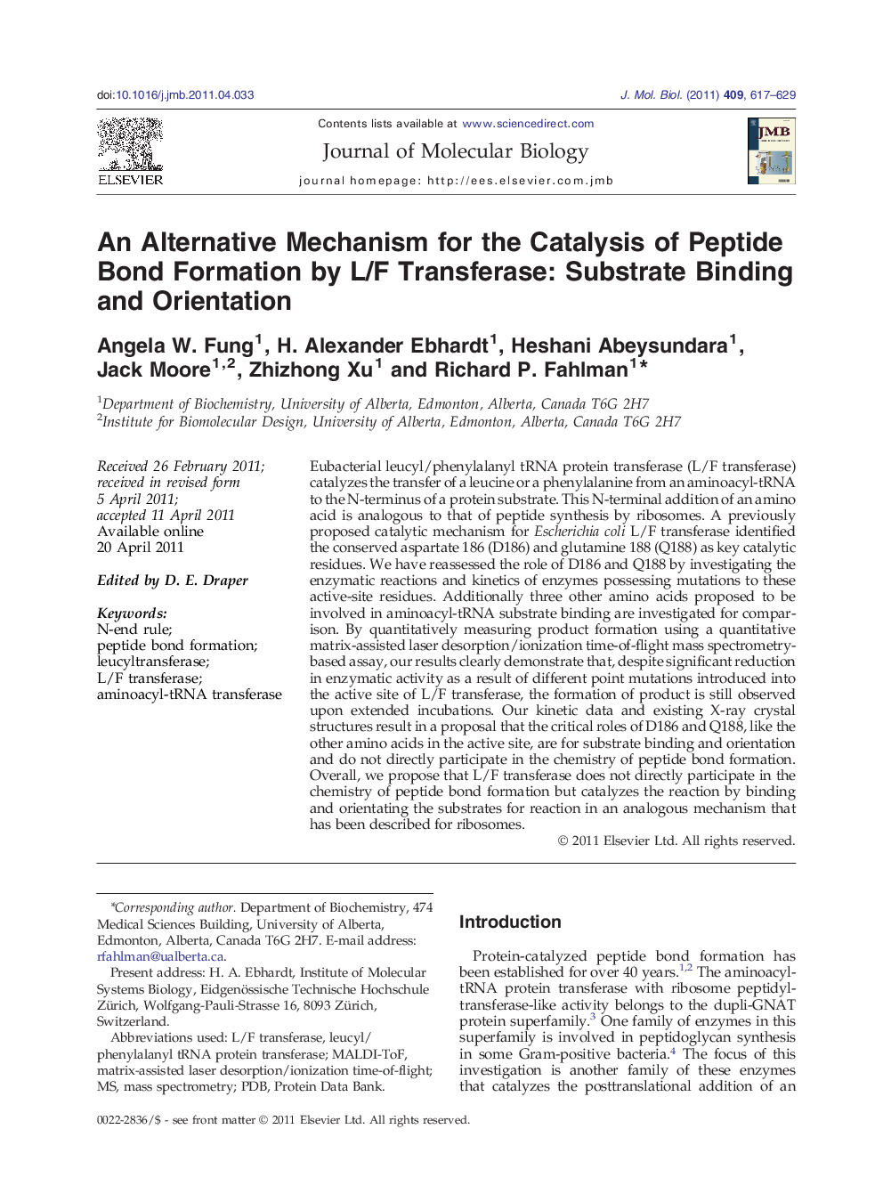 An Alternative Mechanism for the Catalysis of Peptide Bond Formation by L/F Transferase: Substrate Binding and Orientation