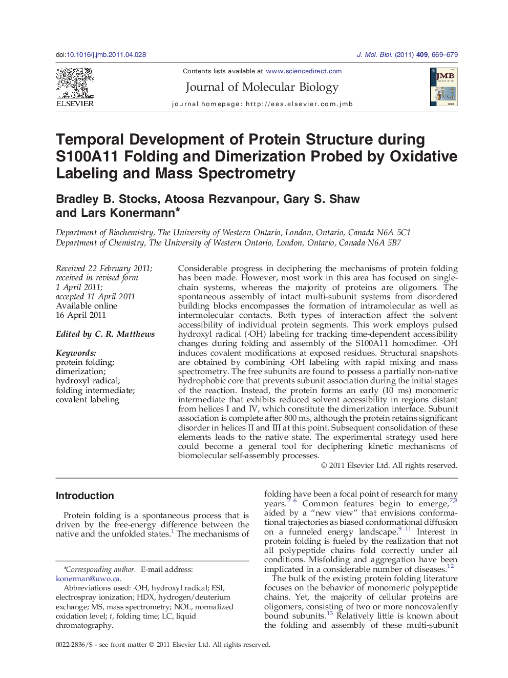 Temporal Development of Protein Structure during S100A11 Folding and Dimerization Probed by Oxidative Labeling and Mass Spectrometry