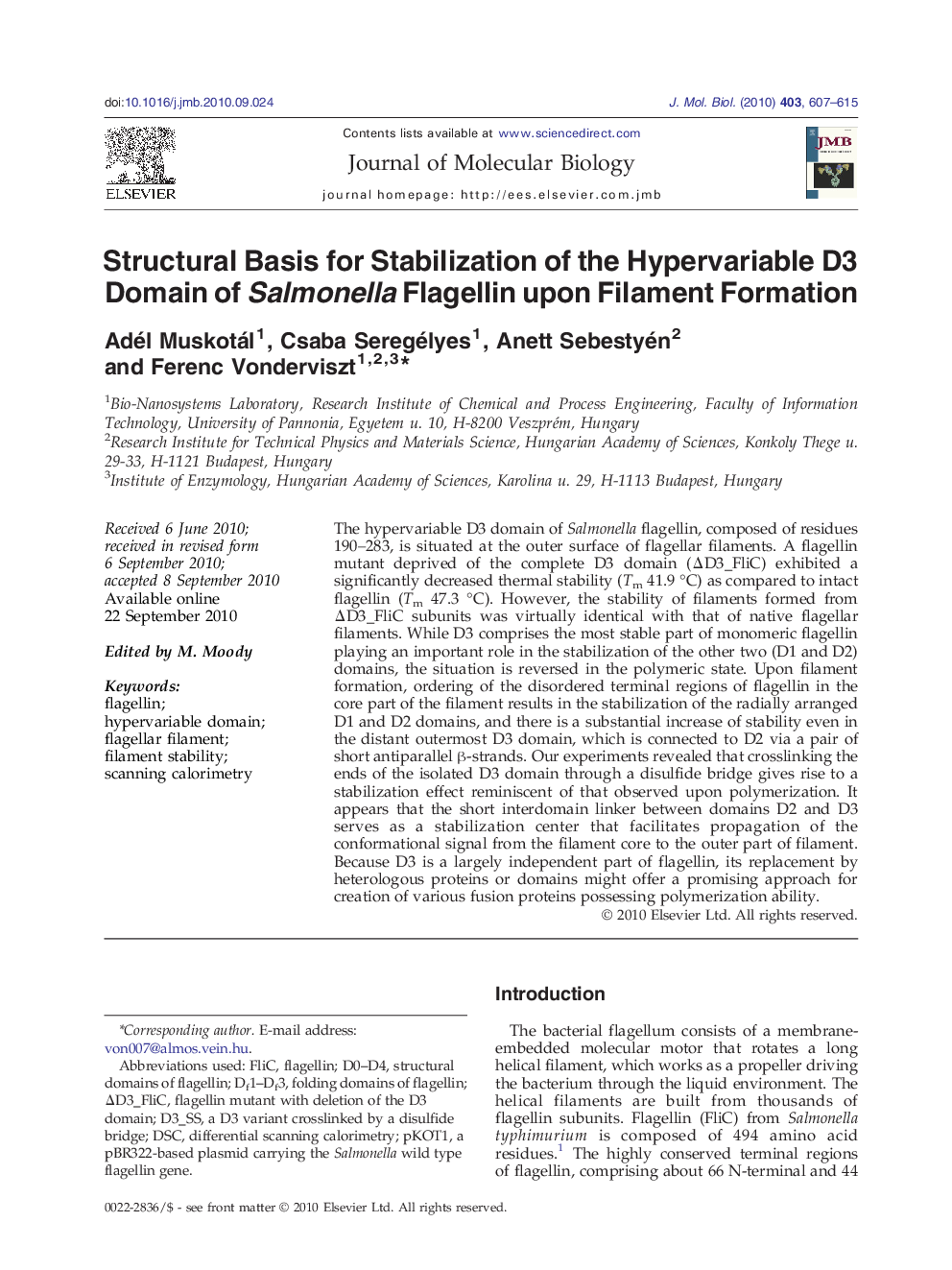 Structural Basis for Stabilization of the Hypervariable D3 Domain of Salmonella Flagellin upon Filament Formation