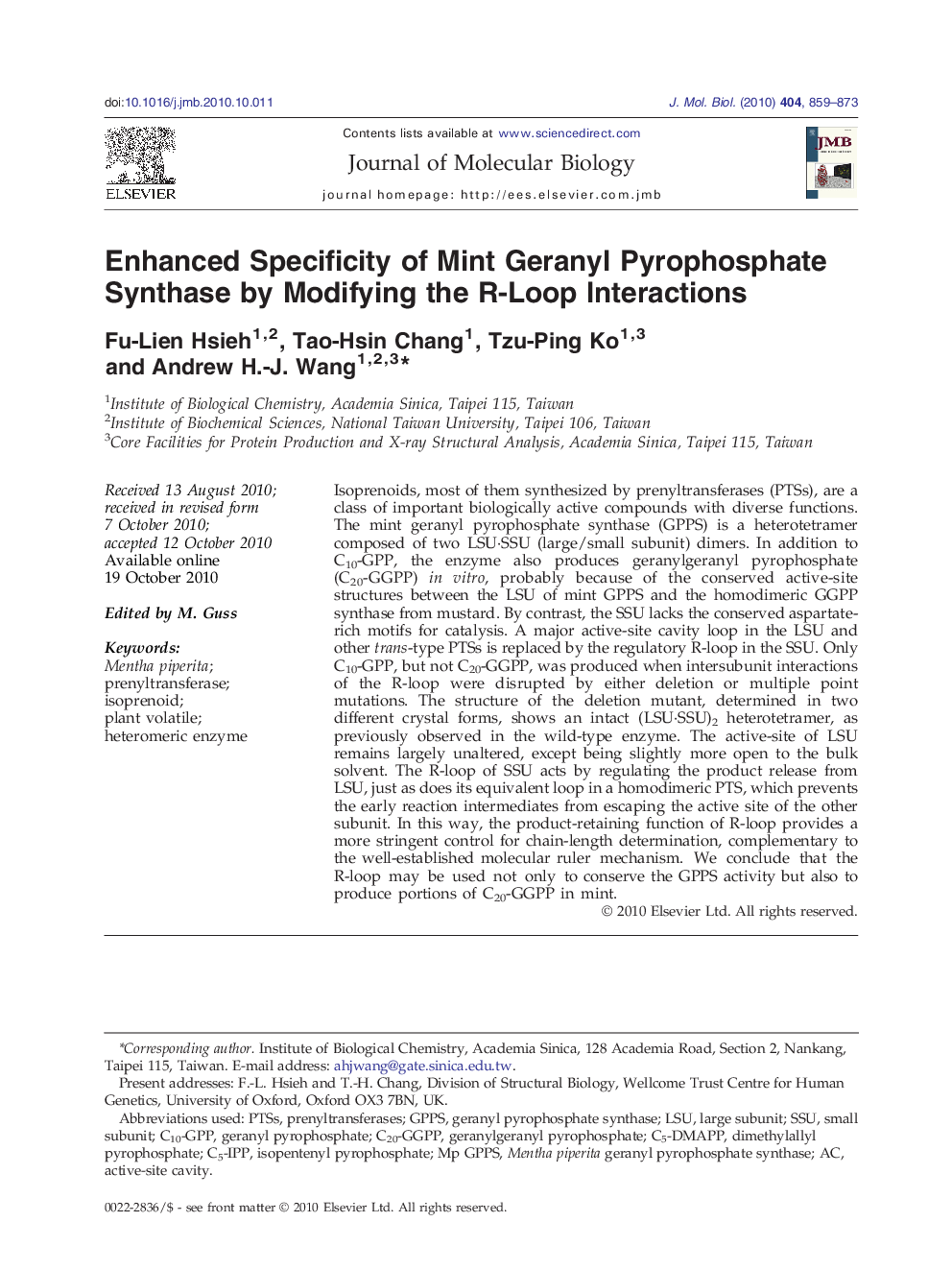 Enhanced Specificity of Mint Geranyl Pyrophosphate Synthase by Modifying the R-Loop Interactions