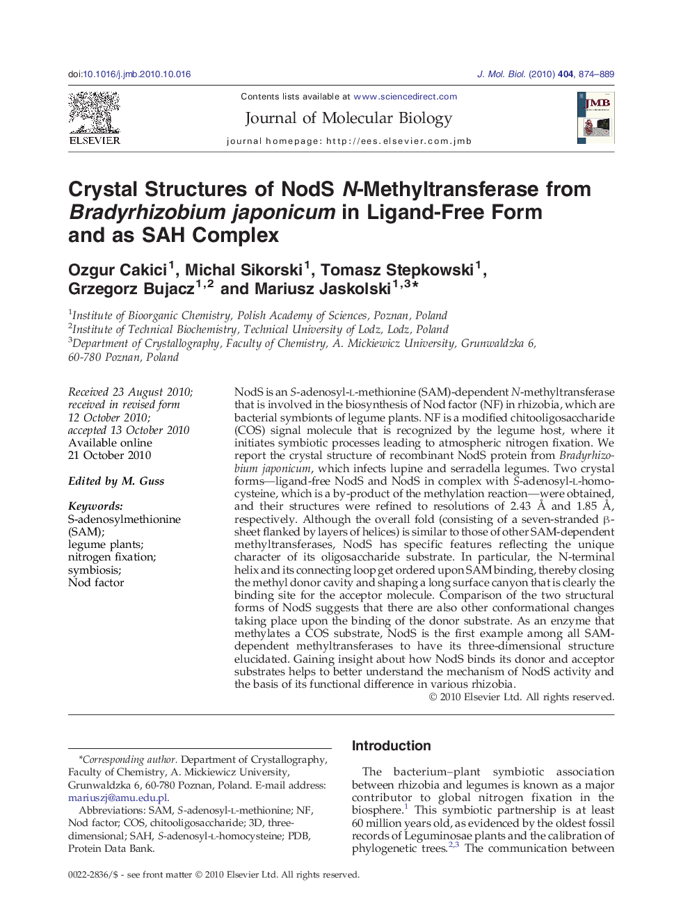 Crystal Structures of NodS N-Methyltransferase from Bradyrhizobium japonicum in Ligand-Free Form and as SAH Complex