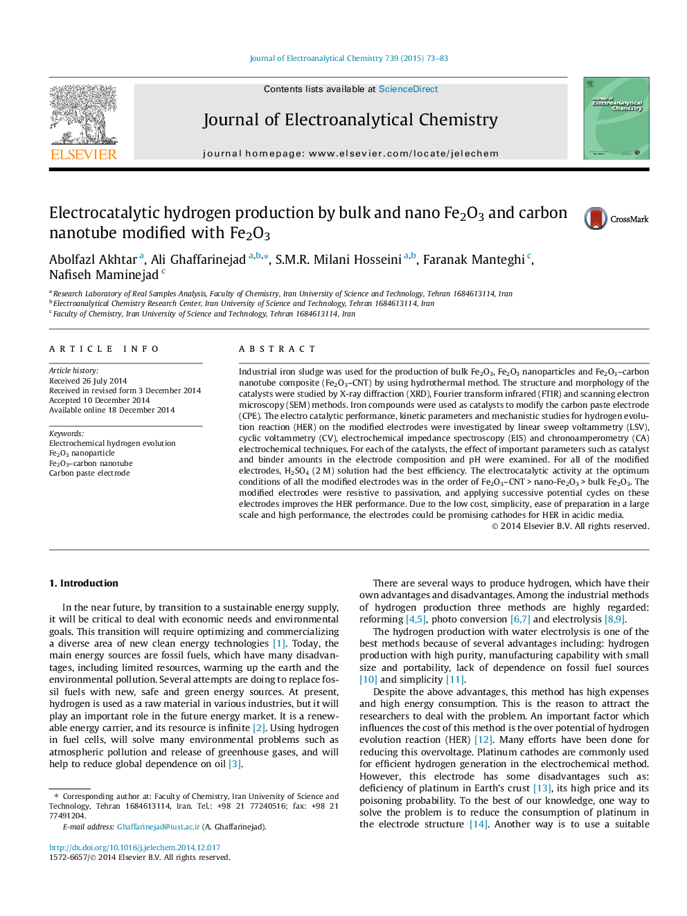 Electrocatalytic hydrogen production by bulk and nano Fe2O3 and carbon nanotube modified with Fe2O3