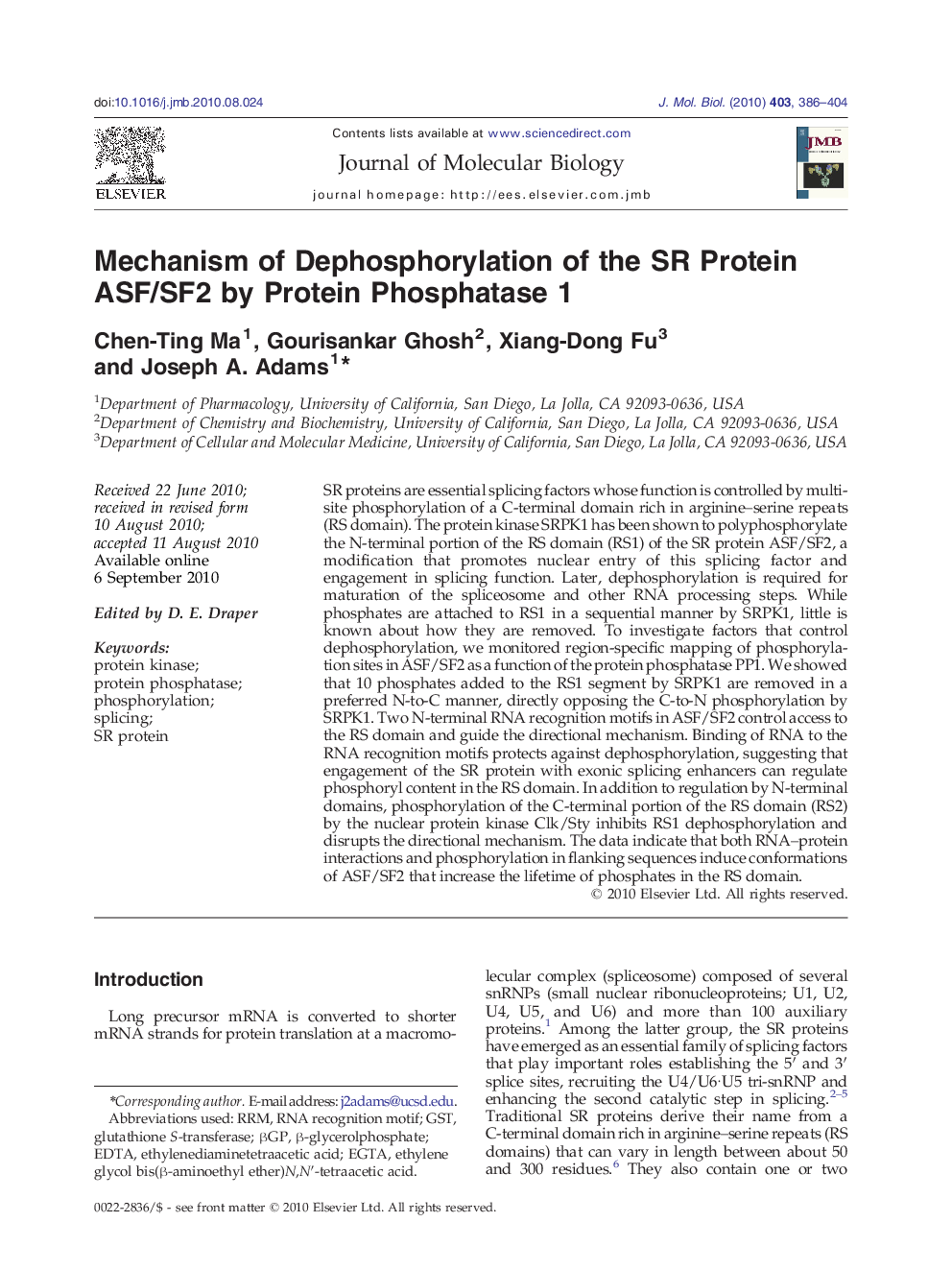 Mechanism of Dephosphorylation of the SR Protein ASF/SF2 by Protein Phosphatase 1