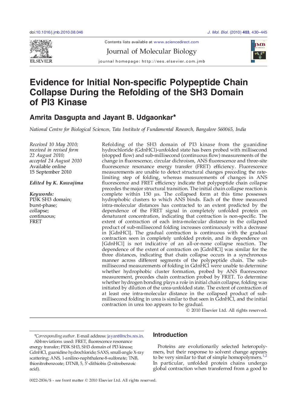 Evidence for Initial Non-specific Polypeptide Chain Collapse During the Refolding of the SH3 Domain of PI3 Kinase