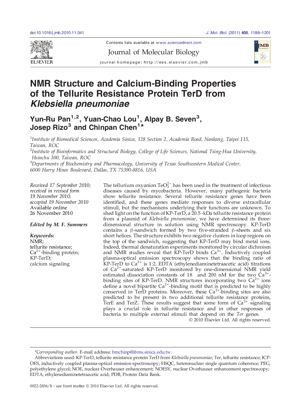 NMR Structure and Calcium-Binding Properties of the Tellurite Resistance Protein TerD from Klebsiella pneumoniae