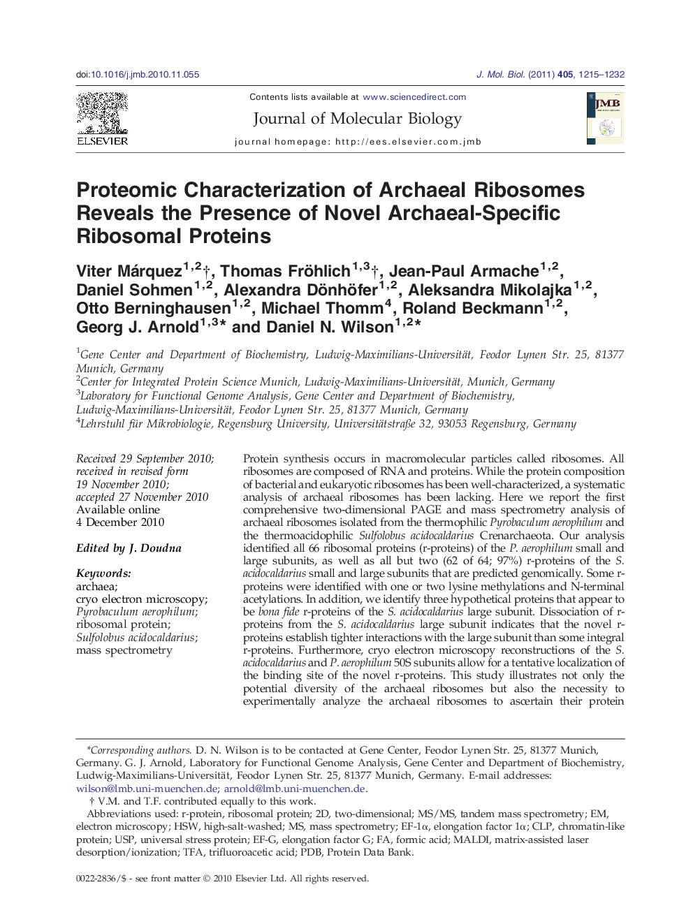 Proteomic Characterization of Archaeal Ribosomes Reveals the Presence of Novel Archaeal-Specific Ribosomal Proteins