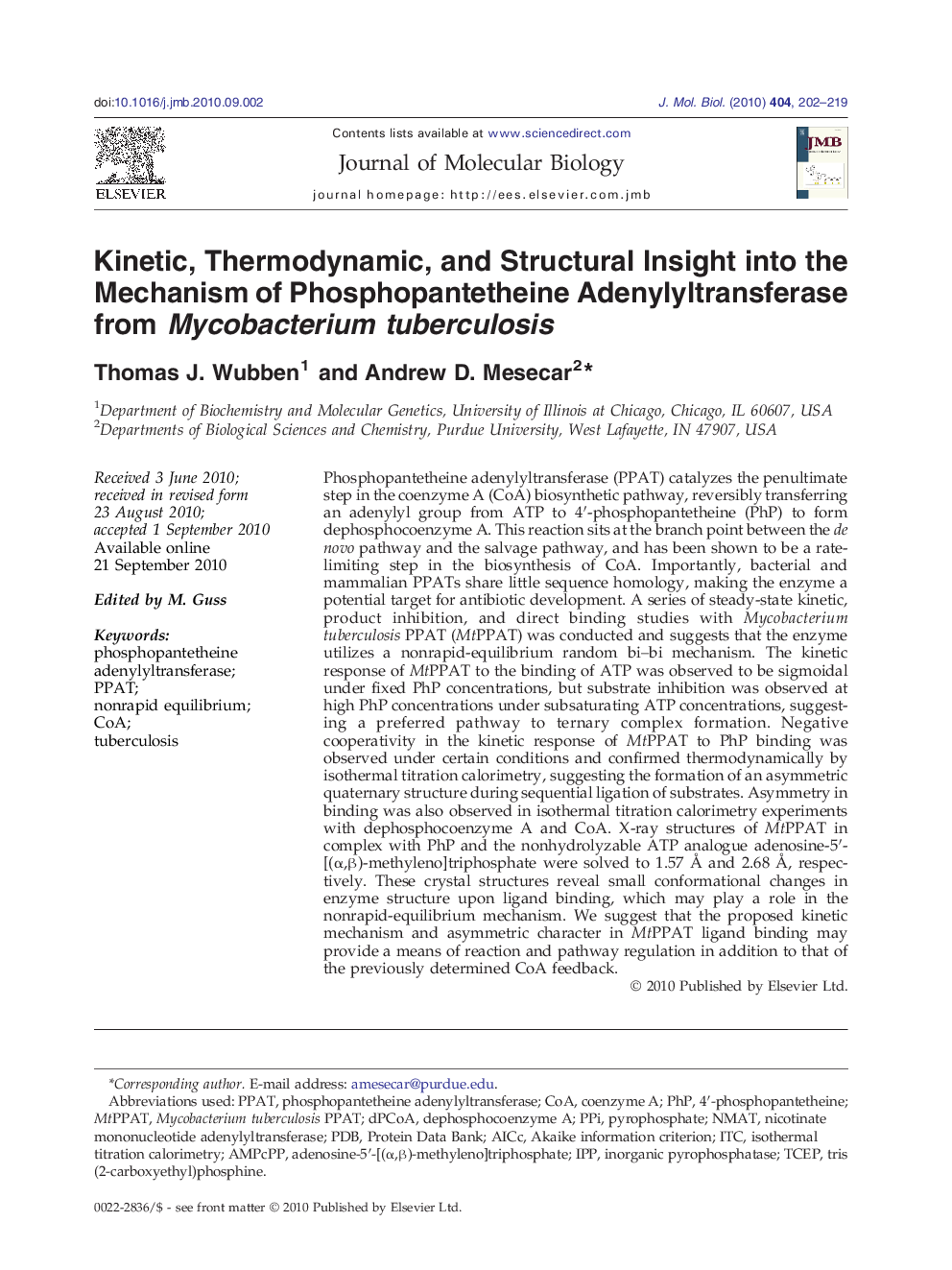 Kinetic, Thermodynamic, and Structural Insight into the Mechanism of Phosphopantetheine Adenylyltransferase from Mycobacterium tuberculosis