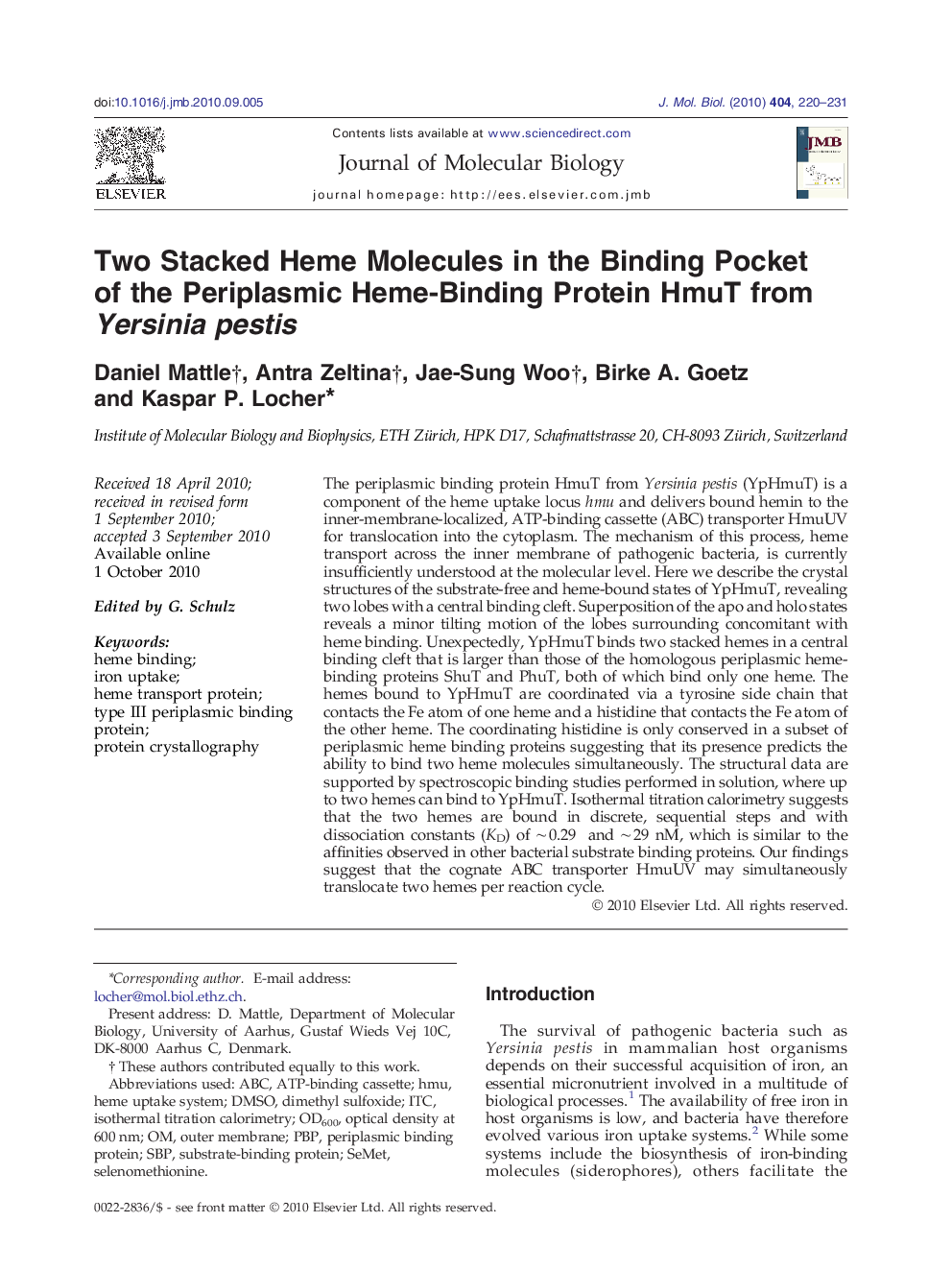 Two Stacked Heme Molecules in the Binding Pocket of the Periplasmic Heme-Binding Protein HmuT from Yersinia pestis