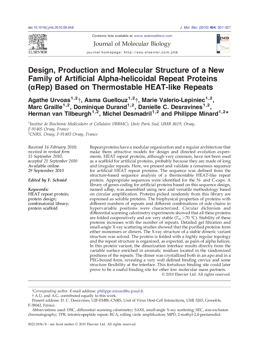 Design, Production and Molecular Structure of a New Family of Artificial Alpha-helicoidal Repeat Proteins (αRep) Based on Thermostable HEAT-like Repeats