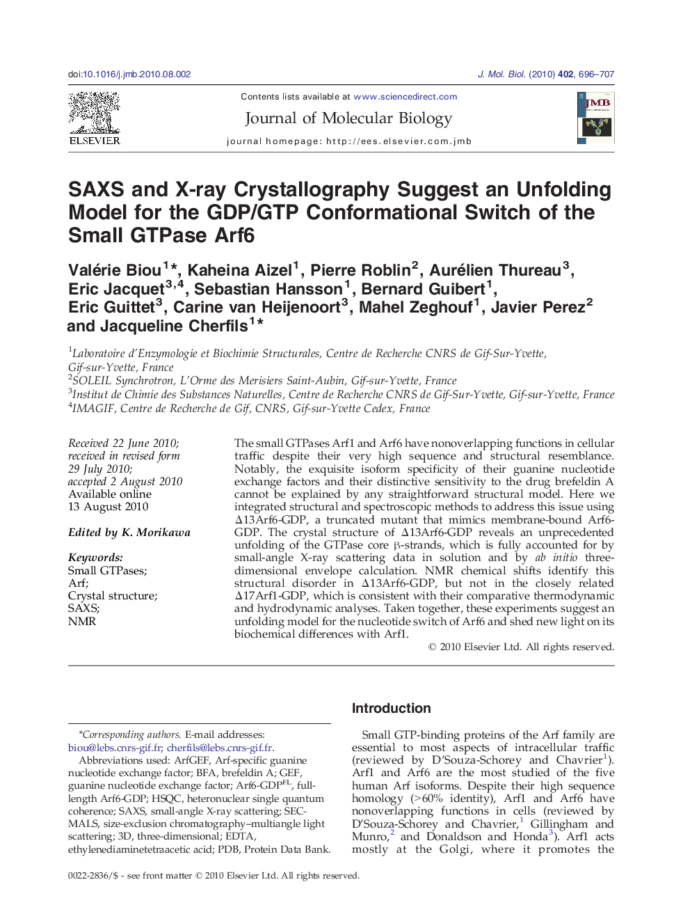 SAXS and X-ray Crystallography Suggest an Unfolding Model for the GDP/GTP Conformational Switch of the Small GTPase Arf6