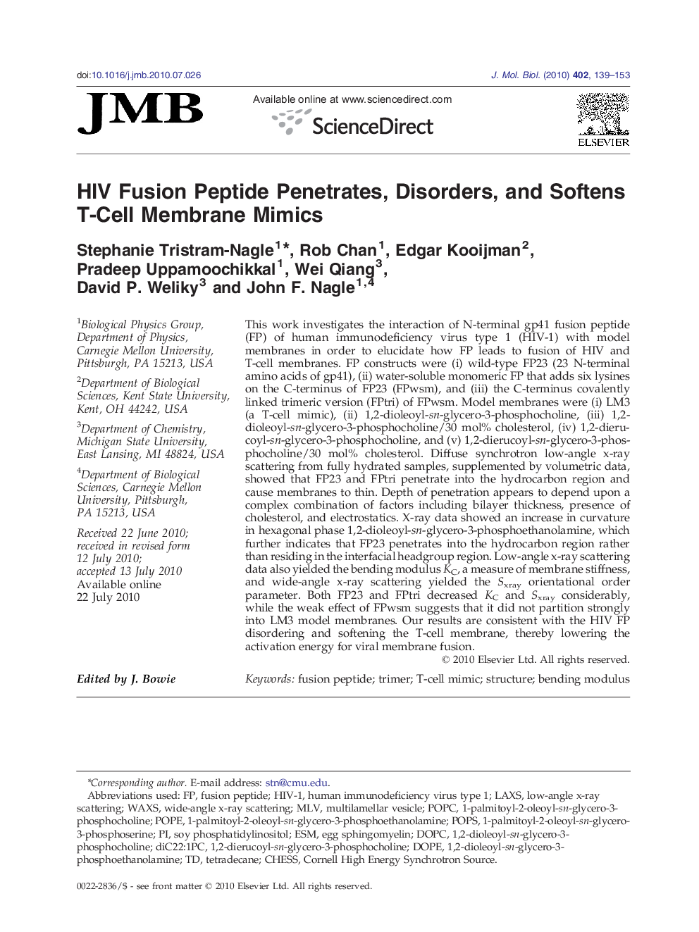 HIV Fusion Peptide Penetrates, Disorders, and Softens T-Cell Membrane Mimics