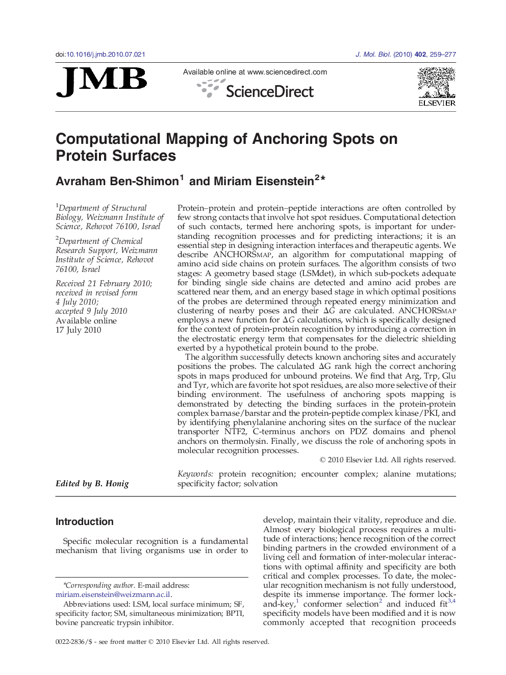 عکس صفحه اول مقاله: Computational Mapping of Anchoring Spots on Protein Surfaces Computational Mapping of Anchoring Spots on Protein Surfaces