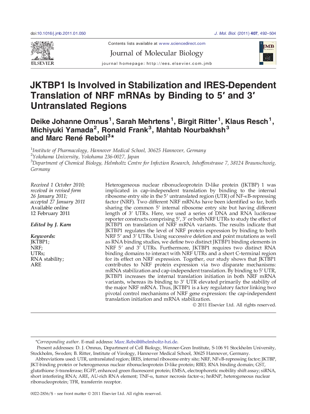 JKTBP1 Is Involved in Stabilization and IRES-Dependent Translation of NRF mRNAs by Binding to 5′ and 3′ Untranslated Regions