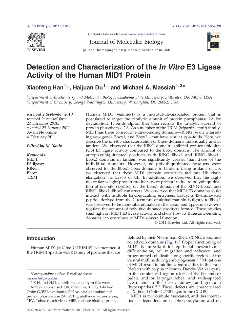 Detection and Characterization of the In Vitro E3 Ligase Activity of the Human MID1 Protein