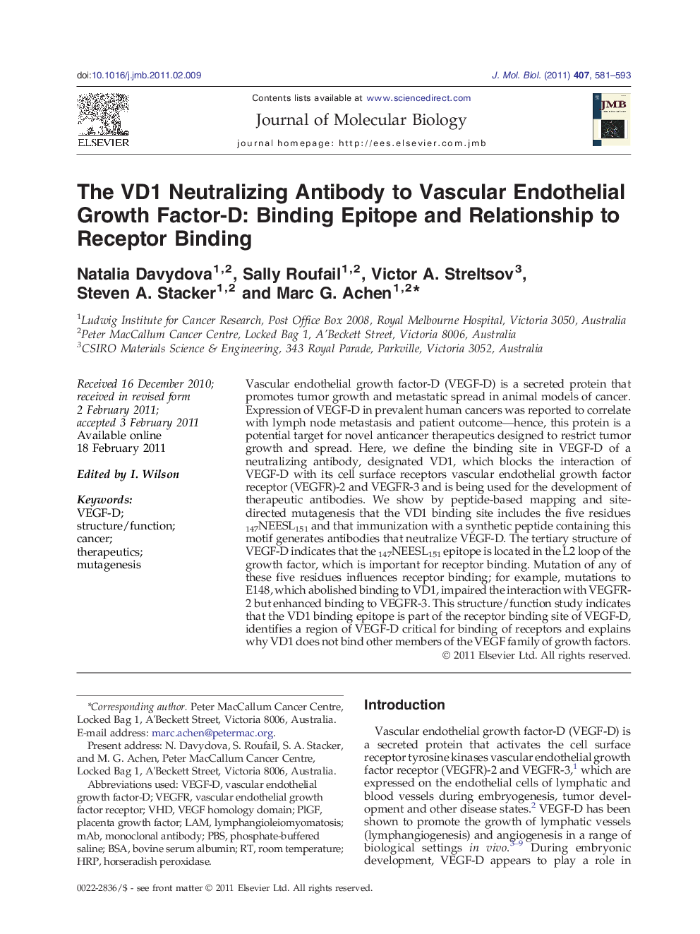 The VD1 Neutralizing Antibody to Vascular Endothelial Growth Factor-D: Binding Epitope and Relationship to Receptor Binding