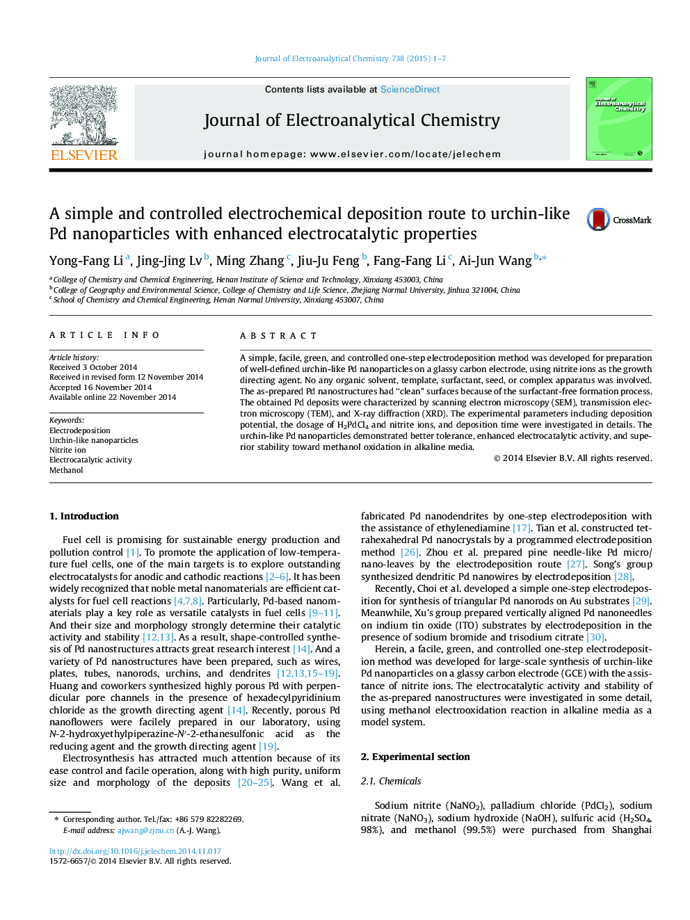 A simple and controlled electrochemical deposition route to urchin-like Pd nanoparticles with enhanced electrocatalytic properties