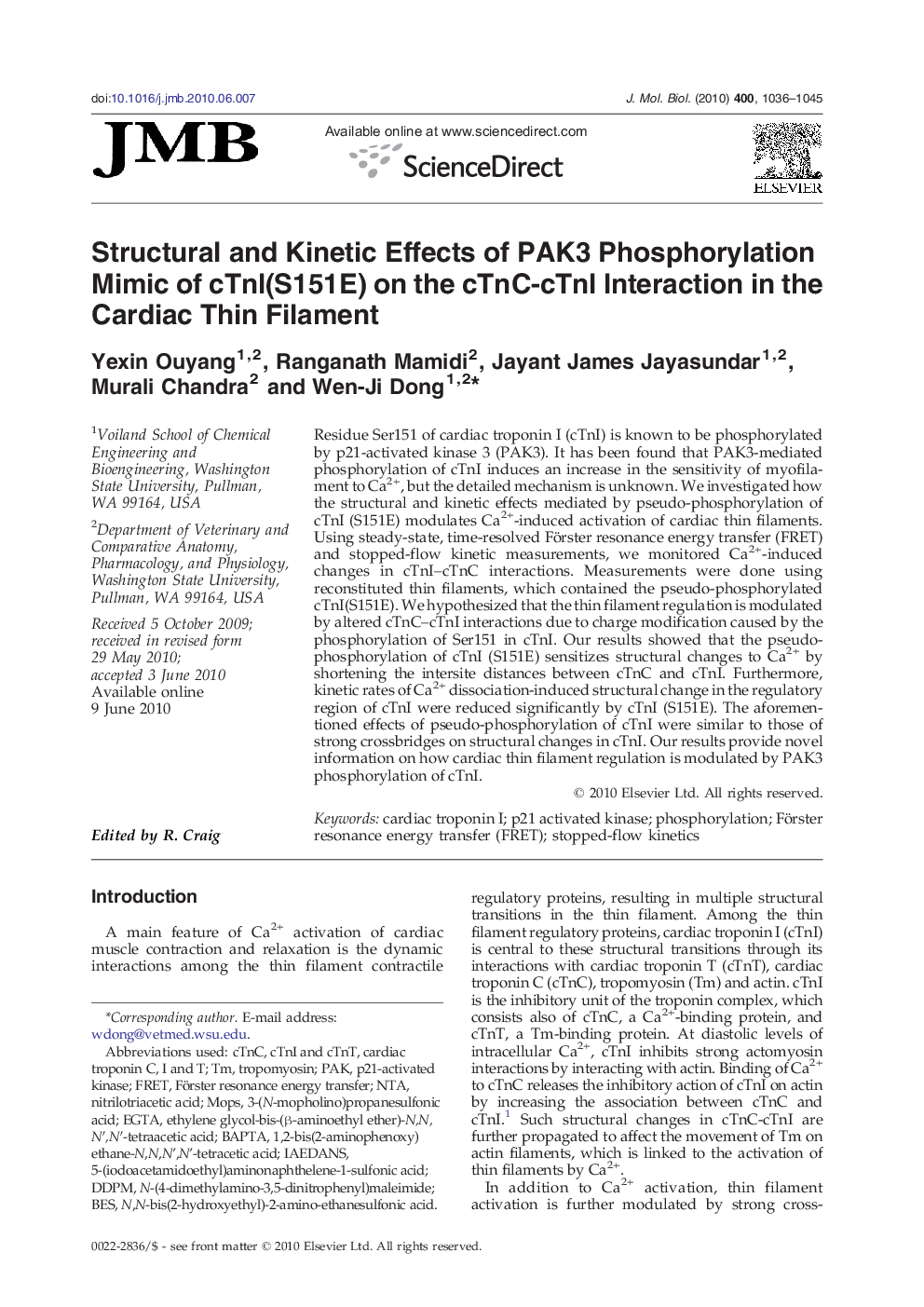 Structural and Kinetic Effects of PAK3 Phosphorylation Mimic of cTnI(S151E) on the cTnC-cTnI Interaction in the Cardiac Thin Filament