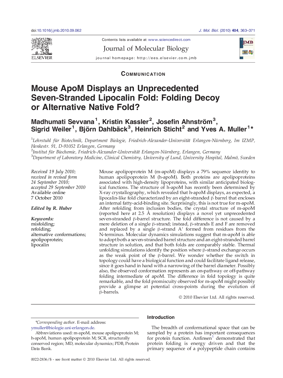 Mouse ApoM Displays an Unprecedented Seven-Stranded Lipocalin Fold: Folding Decoy or Alternative Native Fold?