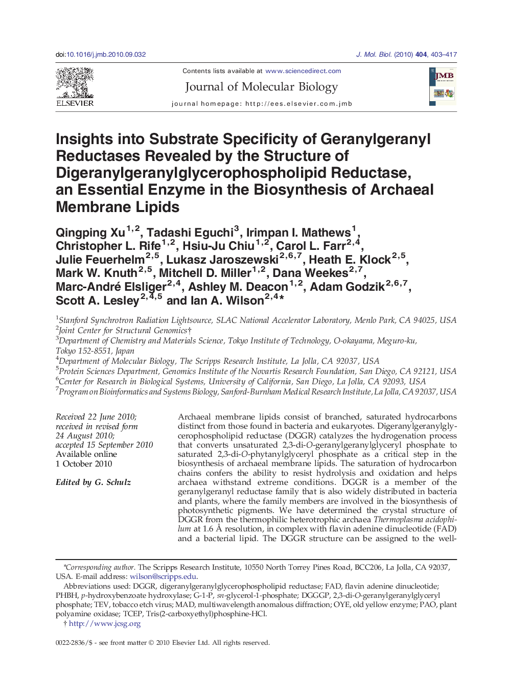 Insights into Substrate Specificity of Geranylgeranyl Reductases Revealed by the Structure of Digeranylgeranylglycerophospholipid Reductase, an Essential Enzyme in the Biosynthesis of Archaeal Membrane Lipids